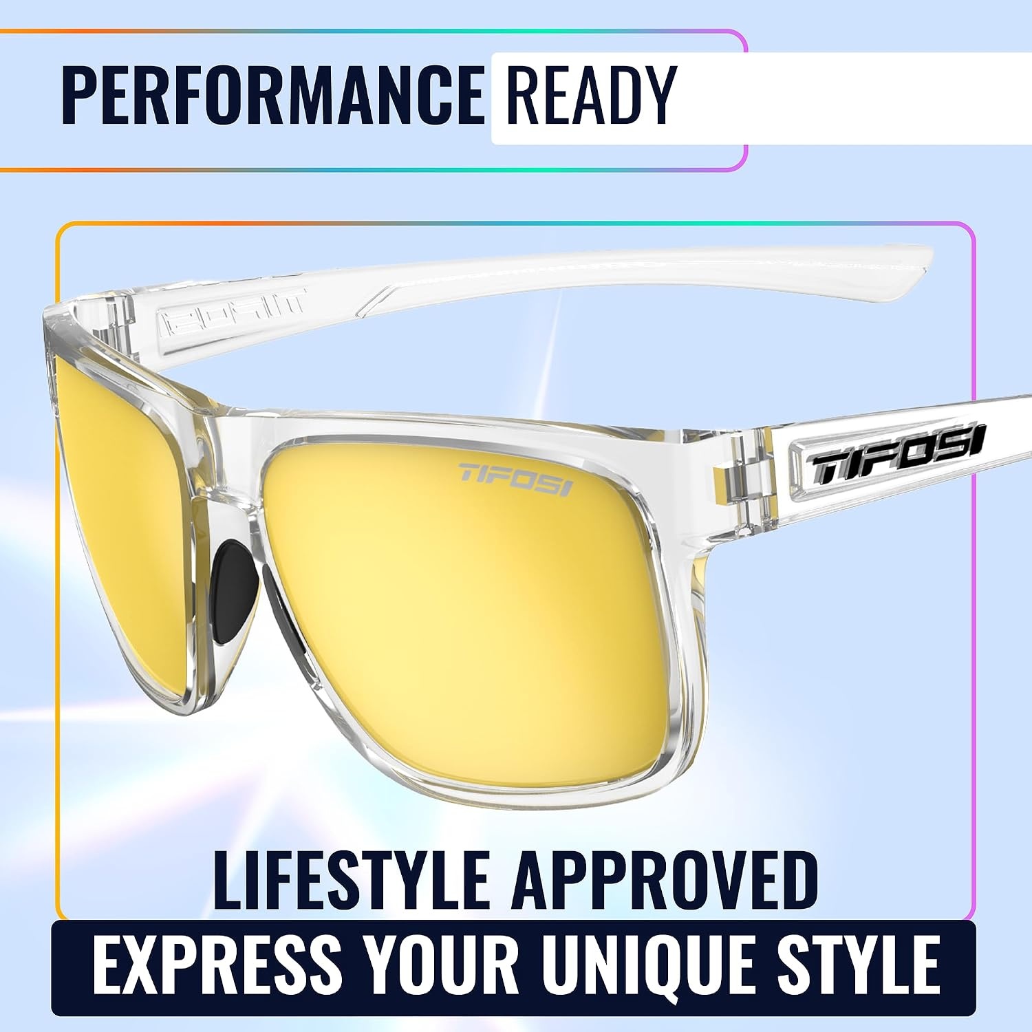 Tifosi Swick Lifestyle Sport Sunglasses – Cycling, Golf & Hiking | 100% UVA/UVB, shatterproof polycarbonate. Integrated hinge, hydrophilic nose pads. For cycling, golf, hiking & running.(Crystal Clear/Smoke Yellow)