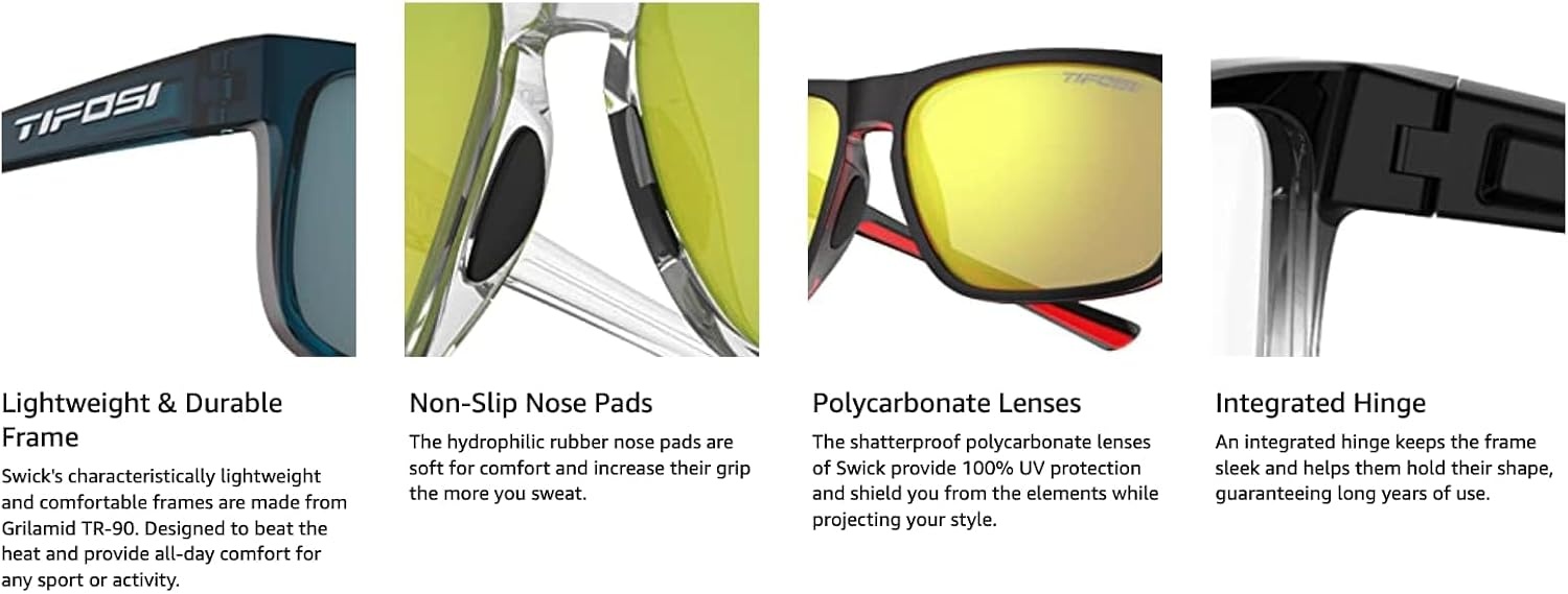 Tifosi Swick Lifestyle Sport Sunglasses – Cycling, Golf & Hiking | 100% UVA/UVB, shatterproof polycarbonate. Integrated hinge, hydrophilic nose pads. For cycling, golf, hiking & running.(Blackout/Smoke)