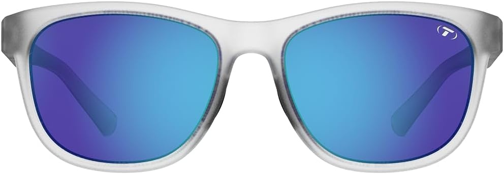 Tifosi Swank Sport Sunglasses – Tangle Free – Ideal For Cycling, Golf, Hiking, Pickleball, Running and Great Lifestyle Look(Satin Clear/Smoke Lens Clarion Blue Mirror – Polarized)