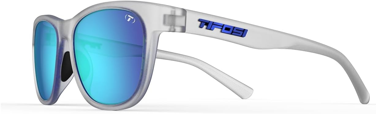 Tifosi Swank Sport Sunglasses – Tangle Free – Ideal For Cycling, Golf, Hiking, Pickleball, Running and Great Lifestyle Look(Satin Clear/Smoke Lens Clarion Blue Mirror – Polarized)