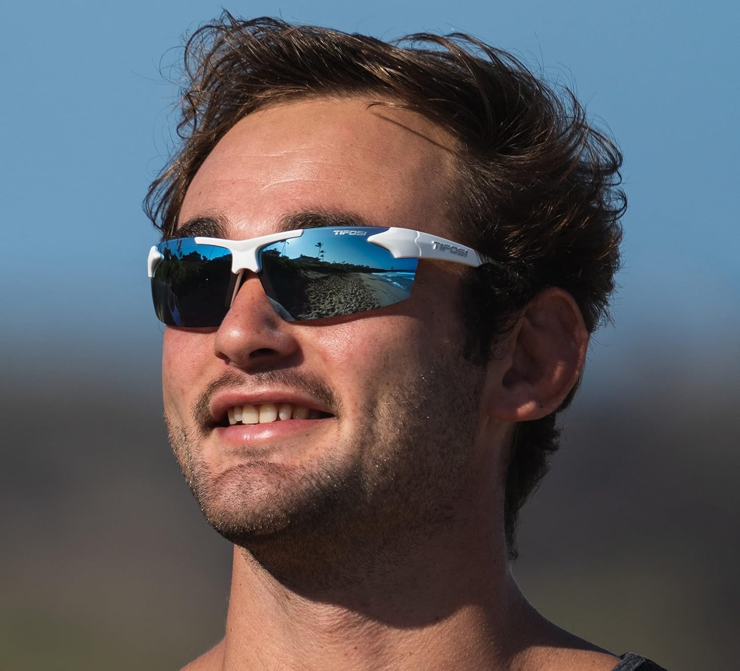 Tifosi Track Sport Men & Women Sunglasses – Ideal For Baseball, Golf, Pickleball, Running and Tennis – Unisex Glasses(White/Black (Smoke Bright Blue Lens))