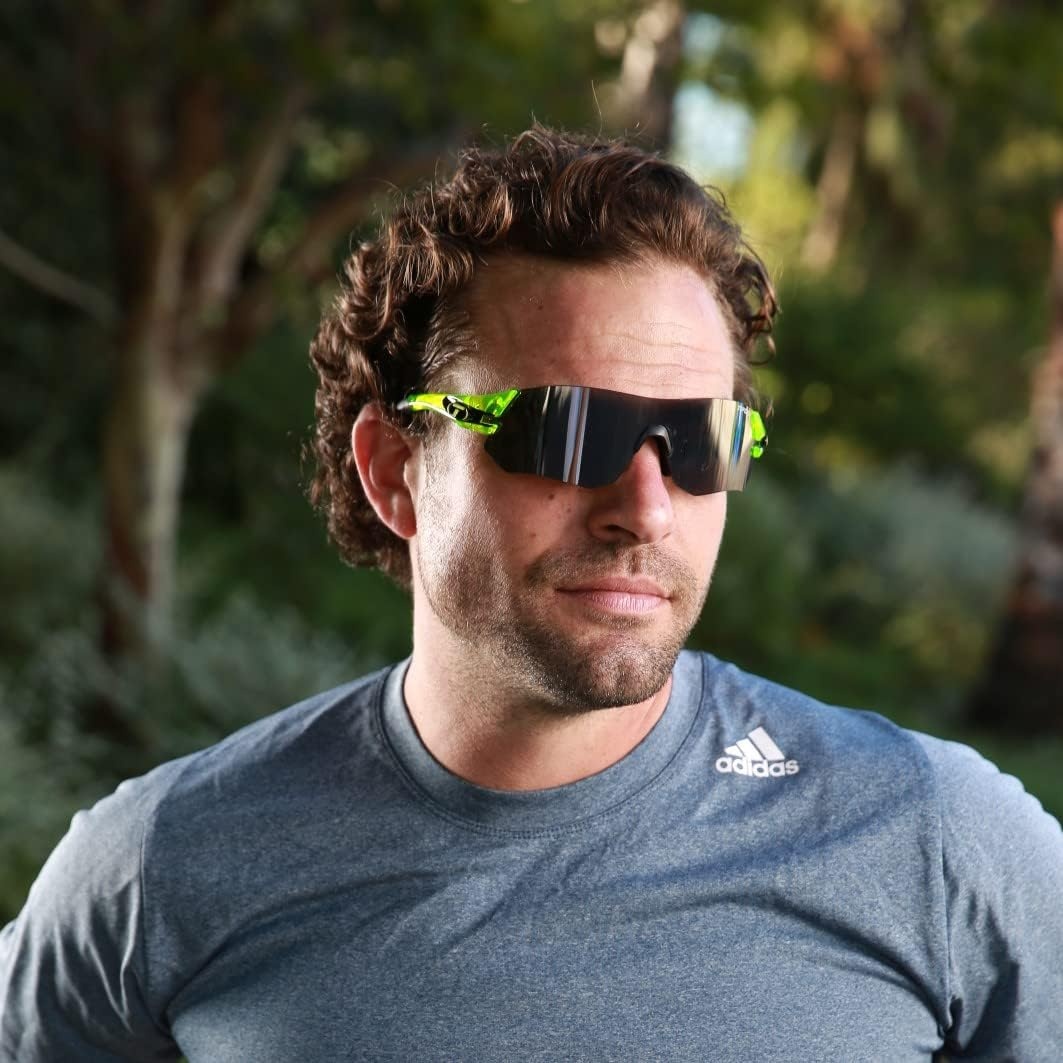 Tifosi Tsali Sport Sunglasses – Ideal For Cycling, Hiking, Running(Crystal Neon Green (Smoke/Ac Red/Clear))