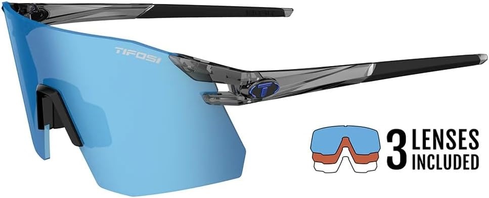 Tifosi Moab XC Rimless Cycling Sunglasses – Running, Pickleball(Crystal Smoke (Clarion Blue/Ac Red/Clear))