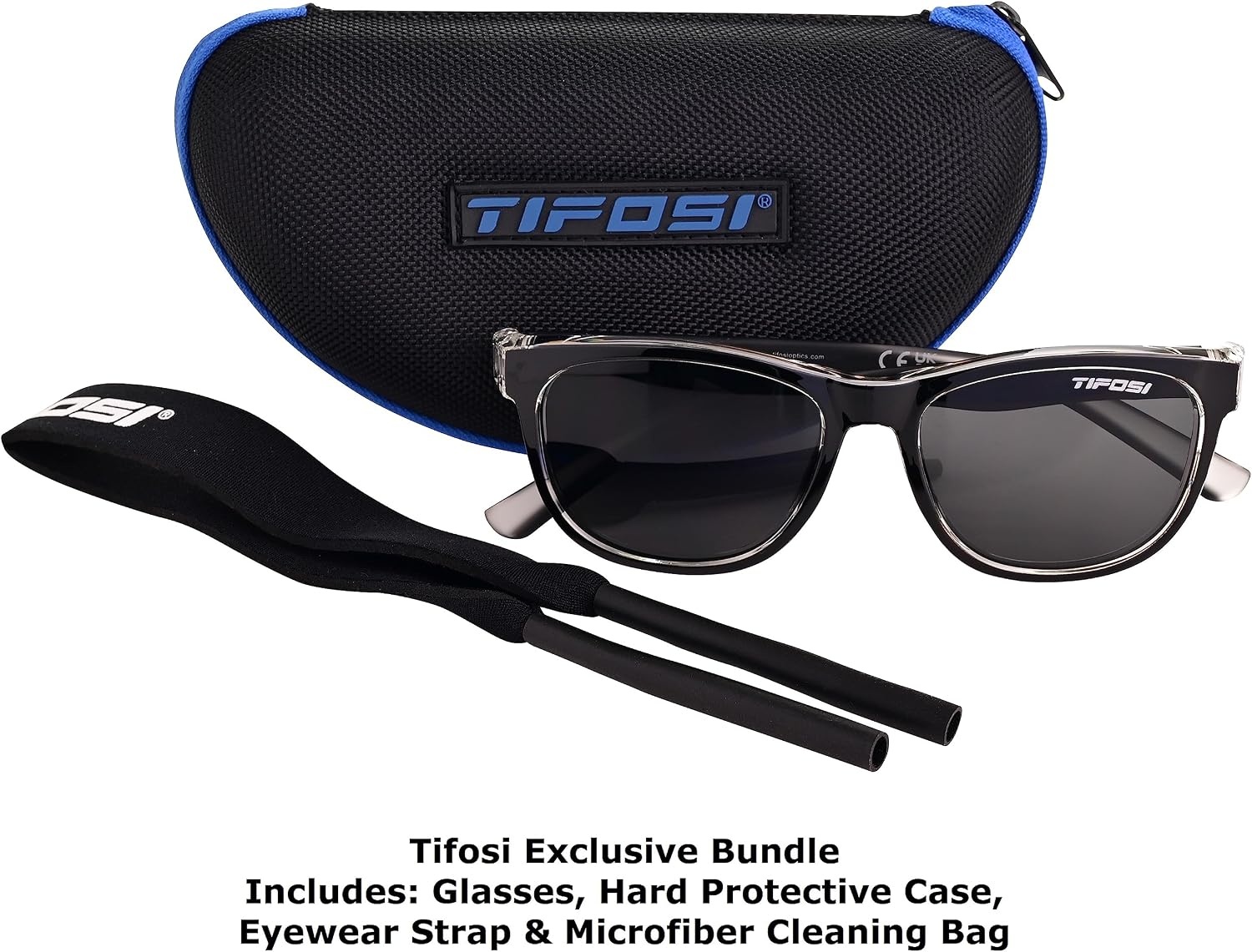 Tifosi Optics Swank Sunglasses Bundle with Case and Eyewear Straps(Onyx Clear/Smoke)