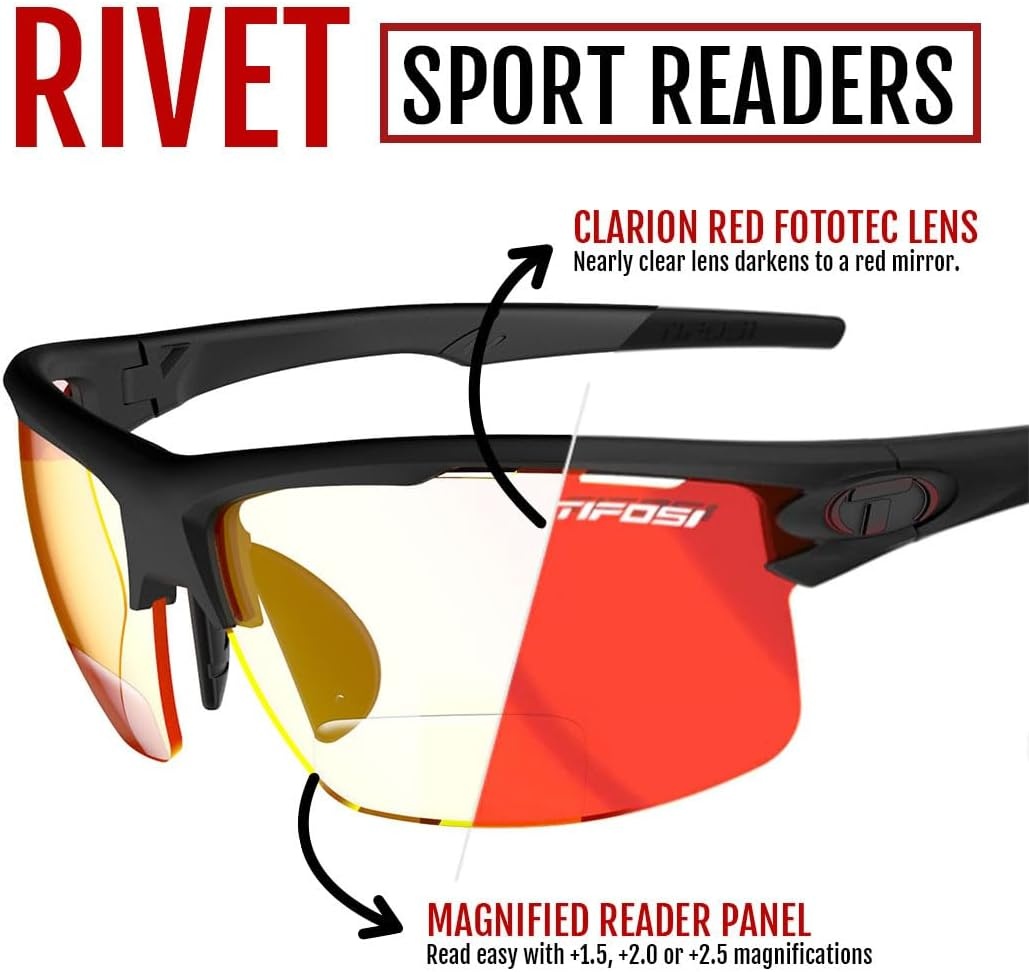 Rivet Sport Sunglasses, Ideal For Cycling, Golf, Pickleball, Running And Tennis(Blackout (Clarion Red Fototec +2.0))