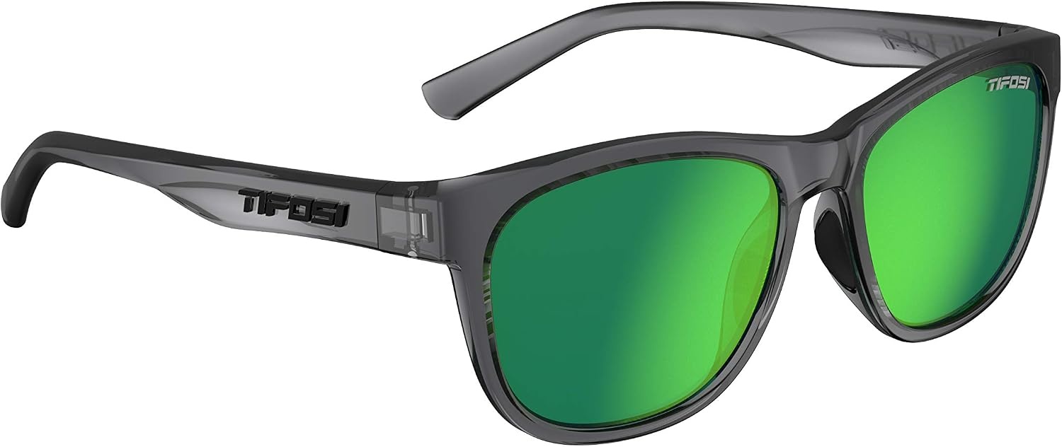 Tifosi Swick Lifestyle Sport Sunglasses – Cycling, Golf & Hiking | 100% UVA/UVB, shatterproof polycarbonate. Integrated hinge, hydrophilic nose pads. For cycling, golf, hiking & running.(Crystal Smoke/Clarion Green Polarized)