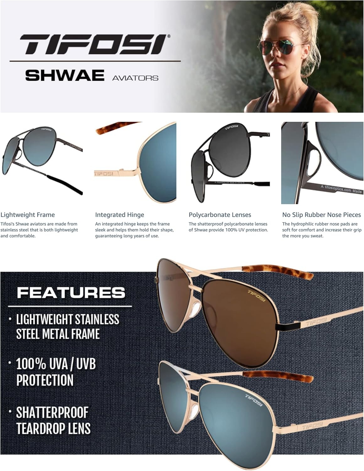 Tifosi Shwae Tangle Free Aviator Sunglasses For Men & Women – Ideal For Flying, Golf, Hiking and Running(Satin Black (Smoke Lens))