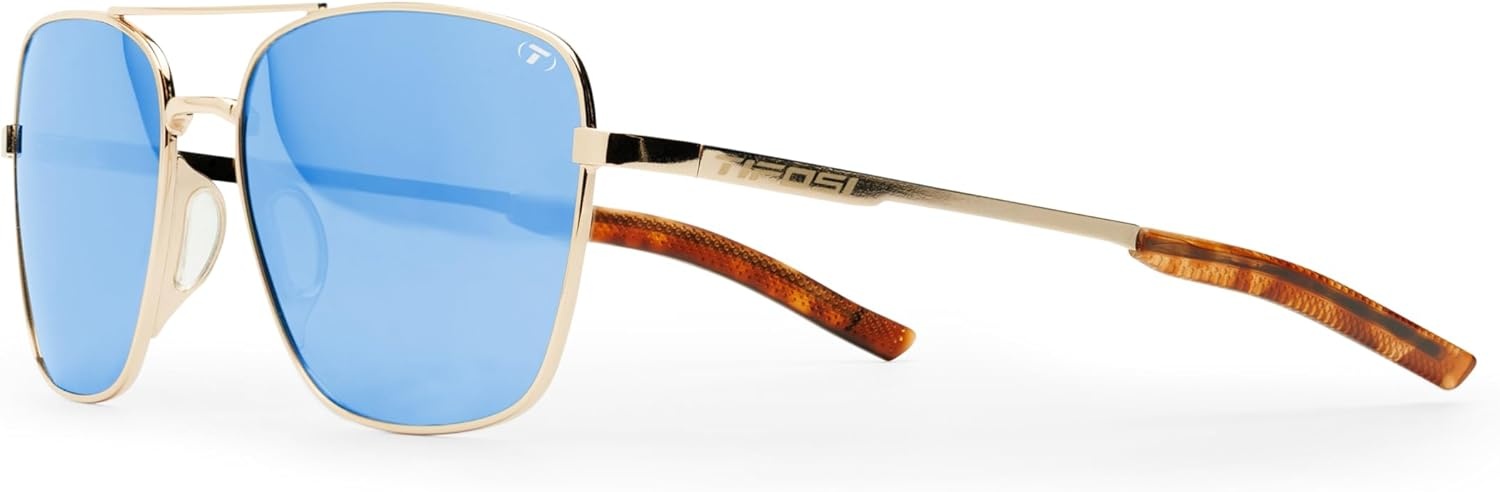Tifosi Shwae Tangle Free Aviator Sunglasses For Men & Women – Ideal For Flying, Golf, Hiking and Running(Square 2.0 Gold (Smoke Bright Blue Mirror))